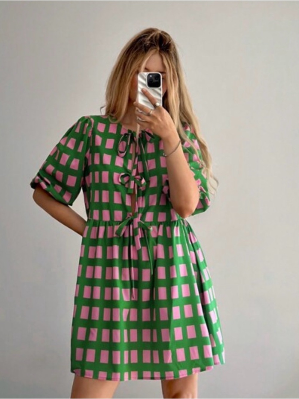 Forever 21 Green Pink Geometric Babydoll Dress Large